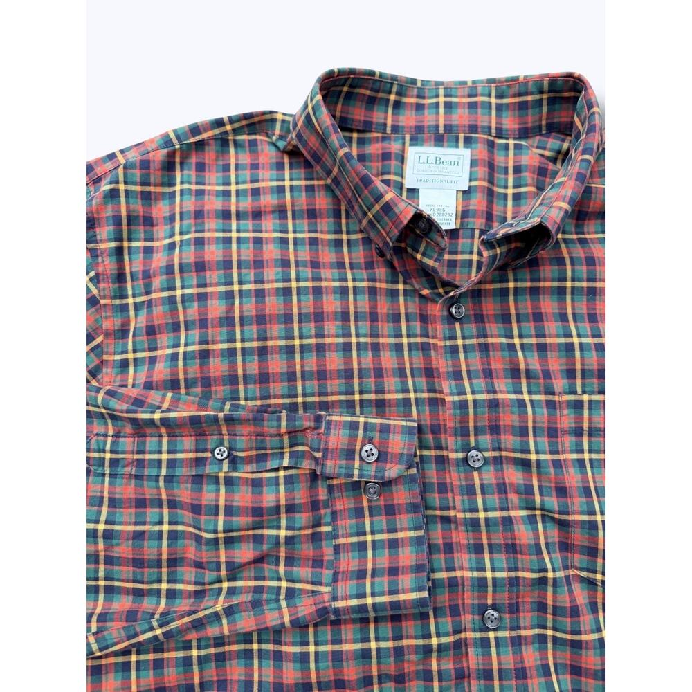 LL Bean Men's Flannel Shirt Red Green Plaid Long Sleeve‎ Slightly Fitted Size L